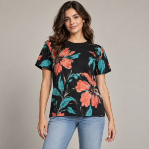 Moctross Women's Coral Turquoise Floral Graphic Tee
