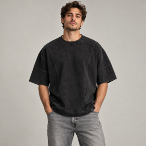 Moctross Men's Washed Black Panel Oversized T-Shirt