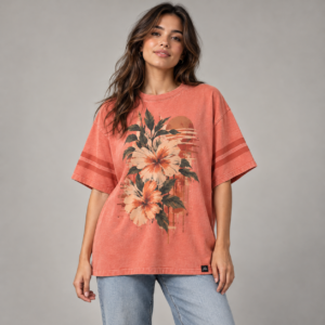 Moctross Women's Washed Coral Floral Oversized T-Shirt