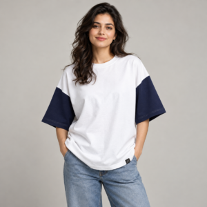 Moctross Women's White Navy Sleeve Oversized T-Shirt
