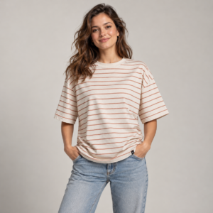 Moctross Women's Oatmeal Terracotta Stripe Oversized T-Shirt