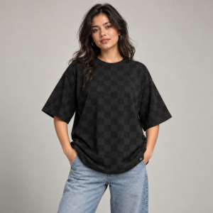 Moctross Women's Black Tonal Check Oversized T-Shirt