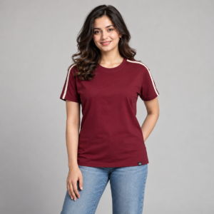 Moctross Women's Wine Shoulder Stripe T-Shirt